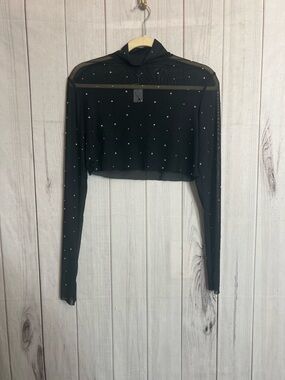 wild fable Black Sheer Cropped Mesh Top with Rhinestone Accents